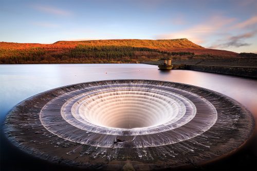 Ladybower plughole overflowing, Ladybower Reservoir, Derbyshire. - Peak District Photography