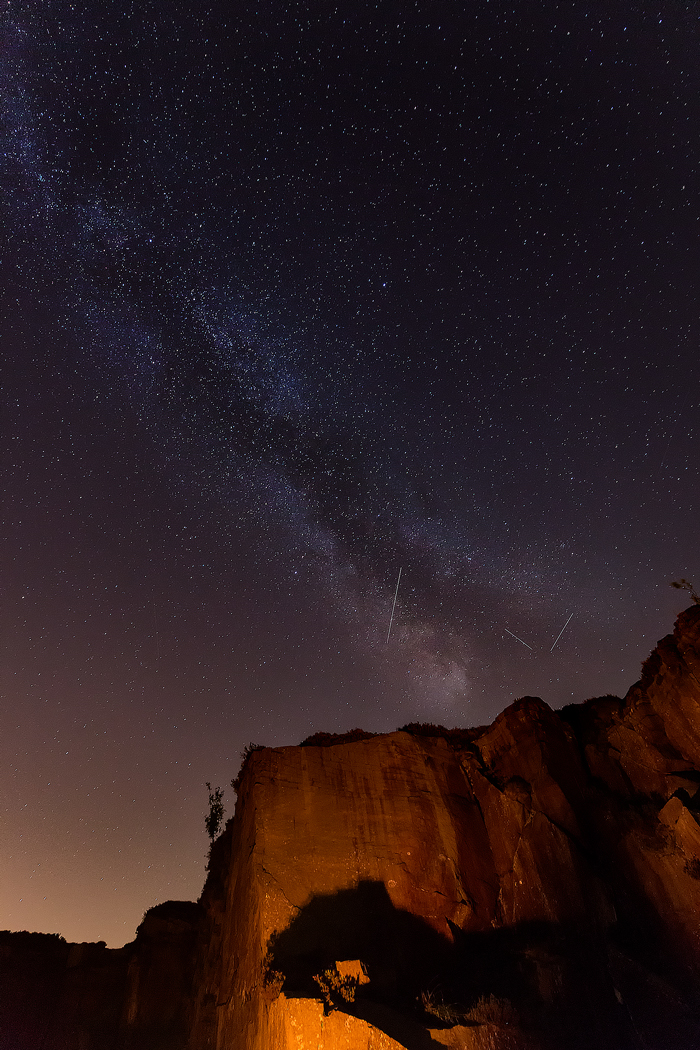 Perseid meteor shower over Burbage Edge showing the milky way with three Perseids shooting across. - Peak District astrophotography