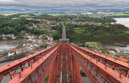 View from the top of the Forth Rail Bridge, looking towards North Queensferry, Firth of Forth, Scotland.