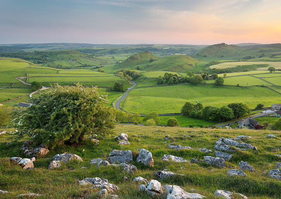 A Spring evening overlooking the the iconic peaks of Chrome and Parkhouse, Upper Dove Valley. Peak District National Park, UK.