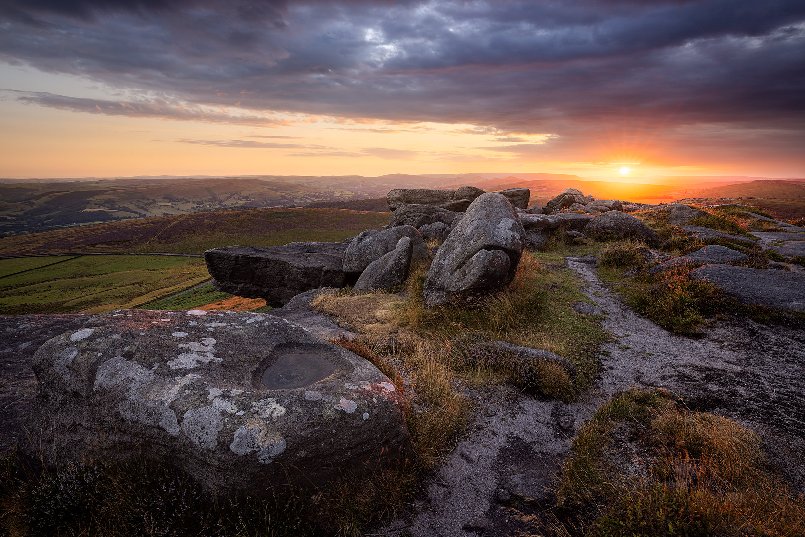 Stanage Sunset II. A dramatic mid summer sunset from Stanage Edge, looking towards the Hope Valley. 